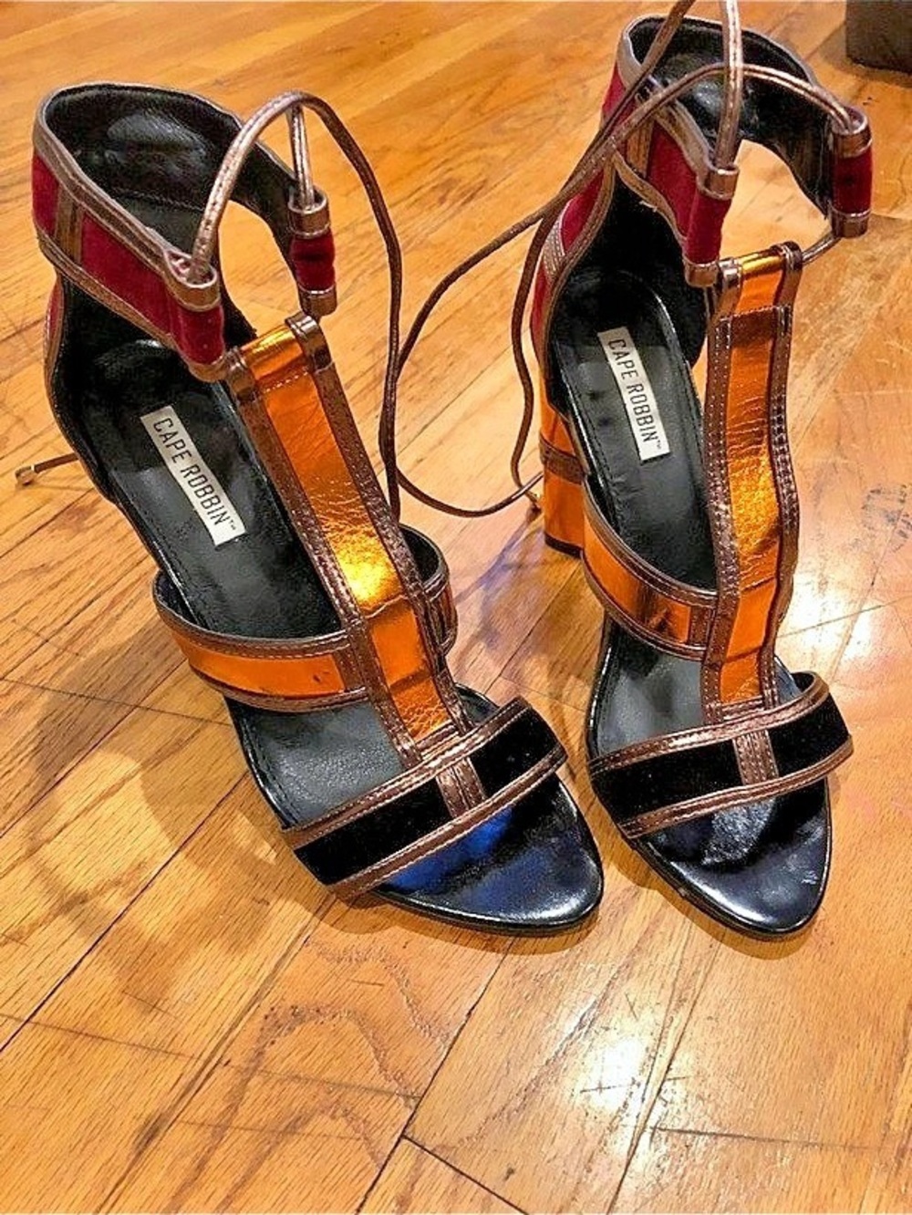Cape Robbin Maura Metallic Velvet Block Heel Lace Up Sandals